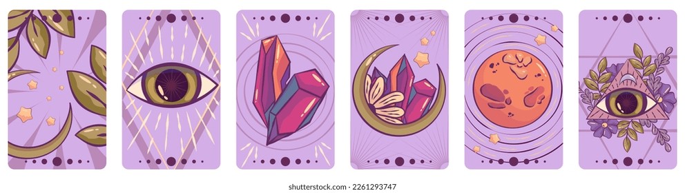 Esoteric tarot card set magic celestial design. Mystic moon, eye , crystal cartoon vector illustration. Hand drawn vector illustration. Esoteric boho tarot card set.