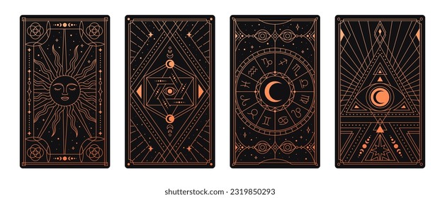 Esoteric tarot card set. Magic poster for divination and prediction of fate. Geometric sacred print with astrology and destiny. Occult mystical symbol and natal chart. Cartoon flat vector illustration