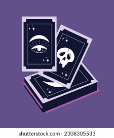 Esoteric tarot cards concept. Clairvoyant inventory for predicting future and fortune telling. Cards with skull and eye. Cartoon flat vector illustration isolated on violet background