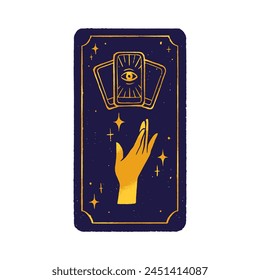 Esoteric tarot. Magic arcana of astrology. Spiritual gold eye, hand, stars on dark card back. Divination, fortune telling, clairvoyance concept. Flat isolated vector illustration on white background