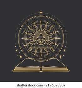 Esoteric tarot symbol, pyramid, eye and spell book in magic pentagram, vector occult sign. Occultism, alchemy and witchcraft symbol of sun and all seeing eye in Egypt pyramid with black magic book