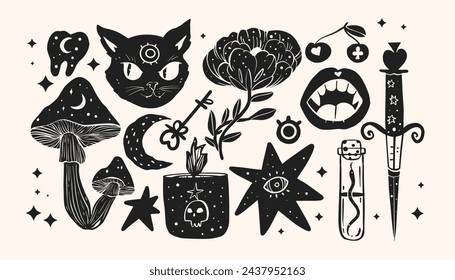 Esoteric things in linocut style. Hand drawn vector illustration.