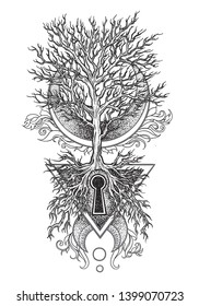 Esoteric tree with a crescent and a keyhole, as a symbol of mysticism