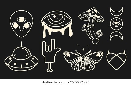 Esoteric vector icon with UFO, butterflies, moons. Surreal psychedelic drawing. Psychedelic aesthetics set. Alternative witch linear symbols vintage style for gothic,boho, psychedelic designs. Vector