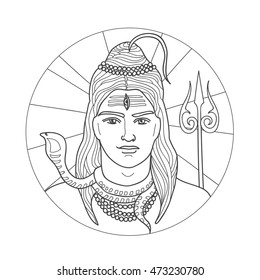 Esoteric Vector Illustration: Indian Lord Shiva. Tattoo, Hindu, om, chakra, god, ayurveda, yoga, textiles. Shiva face pattern. Hinduism, spiritual art.