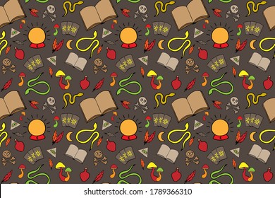 Esoteric vector seamless pattern. Different witch equipment for magic spell. Nice hand drawn illustration for  fabric, textile, background, wallpaper, wrapping paper, cover