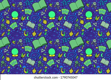 Esoteric vector seamless pattern. Different witch equipment for magic spell. Nice hand drawn illustration for  fabric, textile, background, wallpaper, wrapping paper, cover