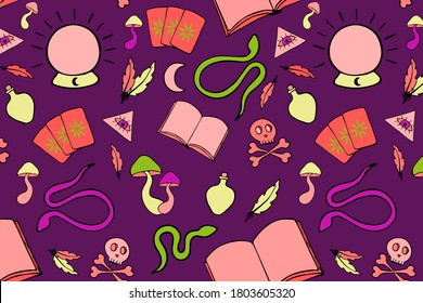 Esoteric vector seamless pattern. Different witch equipment for magic spell. Nice hand drawn illustration for  fabric, textile, background, wallpaper, wrapping paper, cover