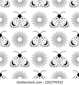 Esoteric vector seamless pattern with linear mystic elements. Lunar moth and linear sun on white