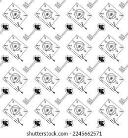 Esoteric vector seamless pattern with magic book and starry key. Repeated linear pattern in white background
