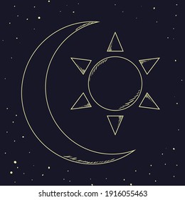 Sol vectorial esotérico, luna. Ilustración geométrica de la astrología y el tarot