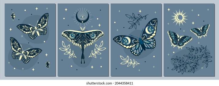 Esoteric wall art vector set. Artistic drawing of the foliage line with an abstract shape and butterflies. Plant art design for printing, cover art, wallpaper.