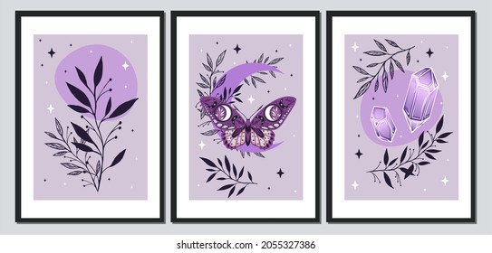 Esoteric wall art vector set. Artistic drawing of the foliage line with an abstract shape and butterflies. Plant art design for printing, cover art, wallpaper.