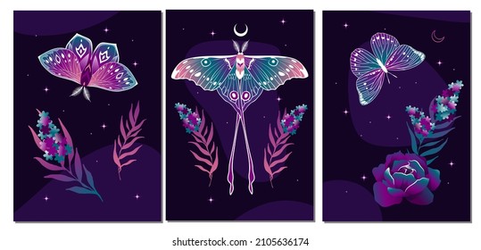 Esoteric wall art vector set. Artistic drawing of the foliage line with an abstract shape and butterflies. Plant art design for printing, cover art, wallpaper.