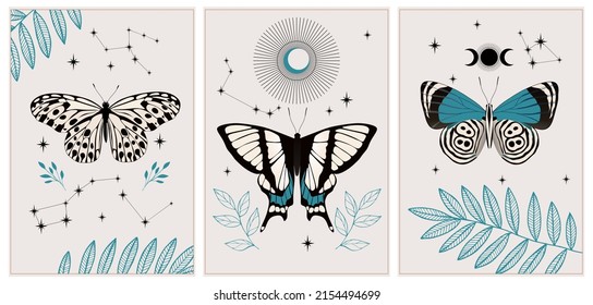 Esoteric wall art vector set. Artistic drawing of the foliage line with an abstract shape and butterflies. Plant art design for printing, cover art, wallpaper.