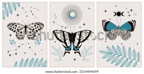 Esoteric wall art vector set. Artistic drawing of the foliage line with an abstract shape and butterflies. Plant art design for printing, cover art, wallpaper.