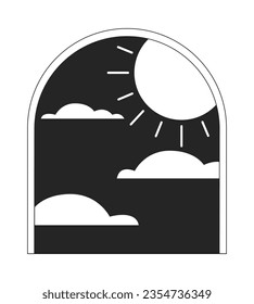 Esoterischer Fensterrahmen mit Wolken sonnenflach monochrome isolierte konzeptionelle Clipkunst. Nachts Sonne. Bearbeitbares, schwarz-weißes Vektorobjekt. Einfache Umriss-Spot-Illustration für Web-Grafikdesign