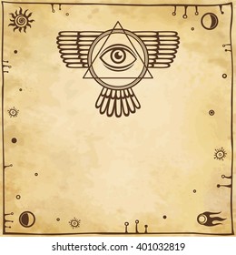 Esoteric winged sign of a pyramid. Background - imitation of old paper. Space symbols. Vector illustration.