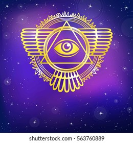Esoteric winged sign of a pyramid. Disk of the sun. Gold imitation. Vector illustration, background - the night star sky.