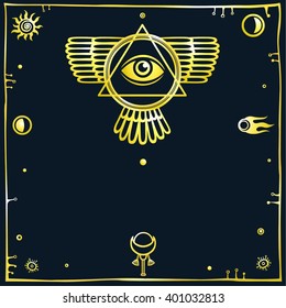 Esoteric winged sign of a pyramid. A gold silhouette on a black background. Space symbols. Vector illustration.