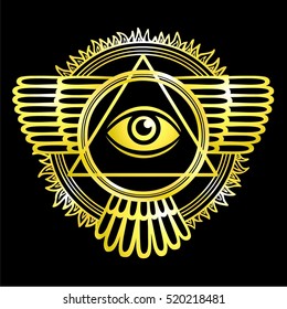  Esoteric winged sign of a pyramid. A gold silhouette on a black background. Disk of the sun. Vector illustration.