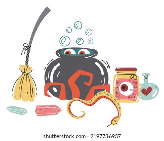 Esoteric witch wizard witchcraft mystery abstract doodle composition concept. Design graphic element vector illustration