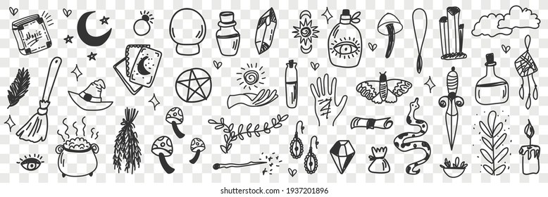 Esoteric witchcraft attributes doodle set