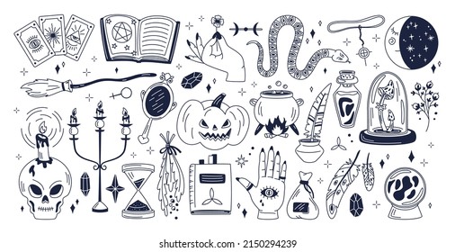 Revisiones de halloween de brujería esotérica, elementos de las fiestas mágicas. Escandalosos stickers místicos, imágenes de serpientes, arañas, calabazas y símbolos vectores de cuchillos. Colección Doodle Halloween