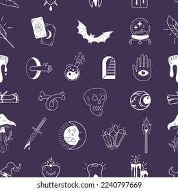 Antecedentes mágicos de brujería esotérica, patrón de misterio de vector dibujado a mano: cráneo, cristal, tarot, poción, etc. 