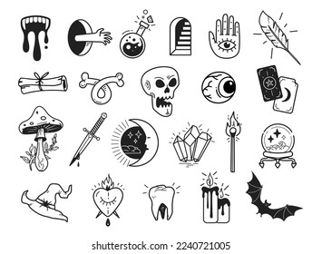 Conjunto mágico de brujería esotérica, colección de misterios dibujada a mano: cráneo, cristal, tarjetas tarot, poción, etc. Iconos vectores sobre fondo blanco