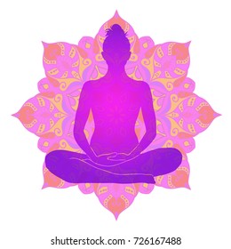 Esoteric yoga symbol of round mandala and silhouette of meditating woman. Ornamental colorful design for print and yoga concept.