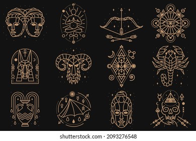 Esoteric and zodiacal symbols. Vector illustration. Outline icon for alchemy, sacred geometry. Mystic or magic design with zodiac sign.