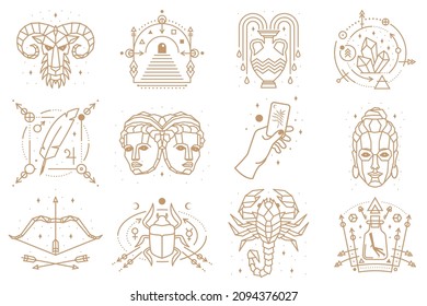 Esoteric and zodiacal symbols. Vector illustration. Outline icon for alchemy, sacred geometry. Mystic or magic design with zodiac sign.
