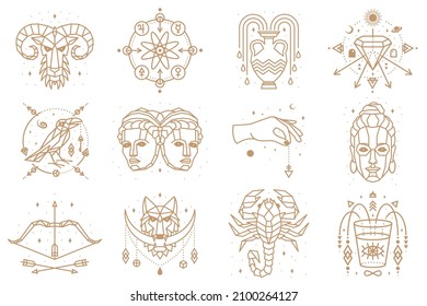 Esoteric and zodiacal symbols. Vector illustration. Outline icon for alchemy, sacred geometry. Mystic or magic design with zodiac sign.