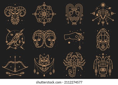 Esoterische und zodiakale Symbole. Vektorgrafik. Rahmensymbol für Alchemie, heilige Geometrie. Mystisches oder magisches Design mit Tierkreiszeichen.