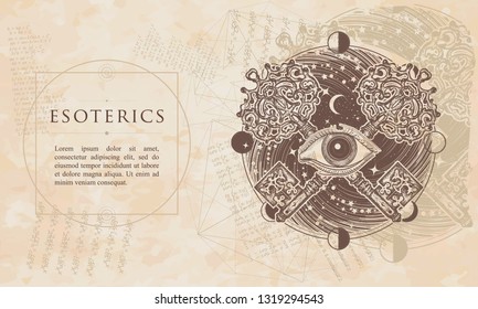 Esoterics. All seeing eye and crossed keys. Renaissance background. Medieval manuscript, engraving art 