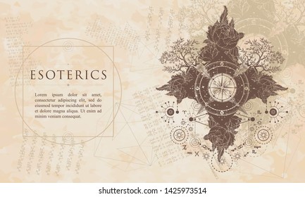 Esoterics background. Compass, crossed arrows, roses, evergreen tree. Renaissance medieval manuscript, engraving art 