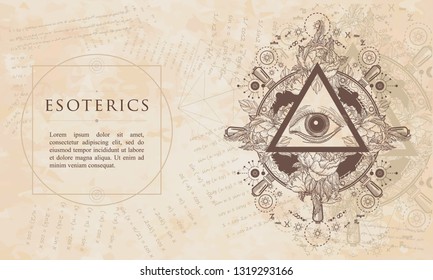 Esoterics. Freemason and spiritual symbols. All seeing eye. Renaissance background. Medieval engraving manuscript. Vintage paper with drawings, vector 