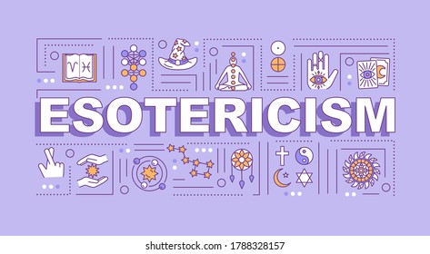 Esoterism word concepts banner. Mystical secret knowledge. Spirituality symbolism. Infographics with linear icons on purple background. Isolated typography. Vector outline RGB color illustration