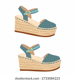 Sandalias de cuña de alpargata en estilo Vector plano para la moda de verano. Perfecto para imágenes de vacaciones, temas de playa y diseños de calzado de mujer.