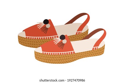 Espadrilles or modern peep-toe sandals with flat rope sole and canvas upper. Fashion trendy summer footwear. Colored vector illustration of women's open shoes isolated on white background