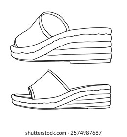 Espadrilles for Women's Flats Dressy Comfort Flat Open Toe line art, Technical sketch hand drawing outline vector doodle side and rear view isolated on white background for coloring page