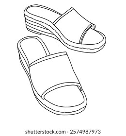 Espadrilles for Women's Flats Dressy Comfort Flat Open Toe line art, Technical sketch hand drawing outline vector doodle top view isolated on white background for coloring page