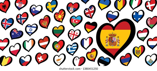 Espana Spain flag and different countries flags with heart flags logo. For Europe, eurovision music song festival, contest. Music songs for vision dreams. Vector euro TV icon pattern. 