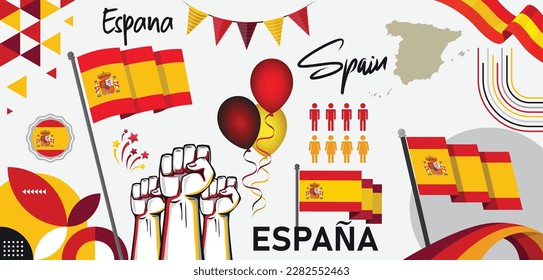 España , Espana Spain national day banner design collection set. Spanish flag theme graphic art background. Abstract celebration decoration icons, red yellow color. Map ribbon fists balloons vector