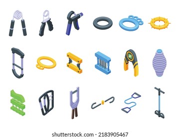 Espander icons set isometric vector. Band activity. Athletic arm