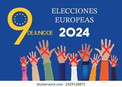 Espania ELECCIONES EUROPEAS. European elections 2024 in language Spain. People raising hands. Cross check marks and European Flag Background with Stars. flat vector illustration.