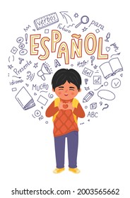 Espanol. Translation "Spanish". Child making heart shape with doodles and lettering."Presente, hola, idioma, Futuro, mucho, para, verbos". Translate: Present, hello, language, Future,a lot, for, verbs