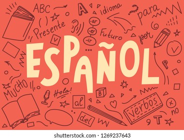 Espanol. Translation "Spanish". Language hand drawn doodles and lettering. Education vector illustration.