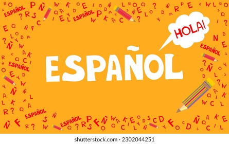 Espanol. Translation "Spanish".  
Сoncept of learning spanish language. "Hola" Translate: "Hello" Language education. Distance education, remote school, Spain university.  Vector  illustration